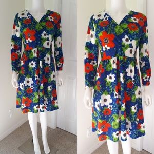 Vintage 1960's Bright Flower Print Dress M